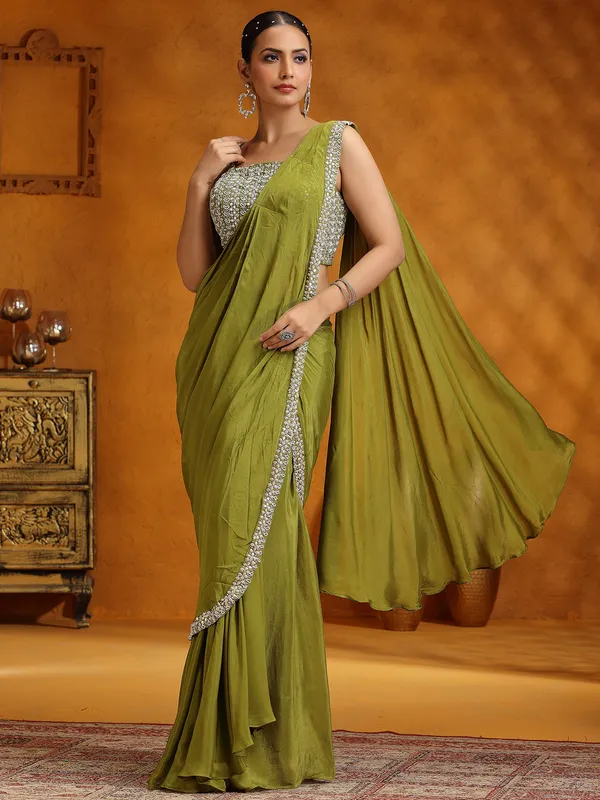 Mehendi green saree in chinon silk