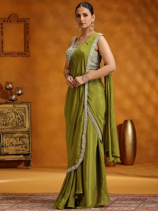 Mehendi green saree in chinon silk