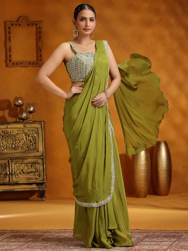 Mehendi green saree in chinon silk