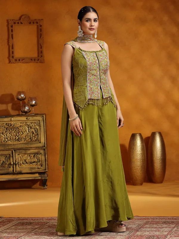 Mehendi green satin silk palazzo suit for women