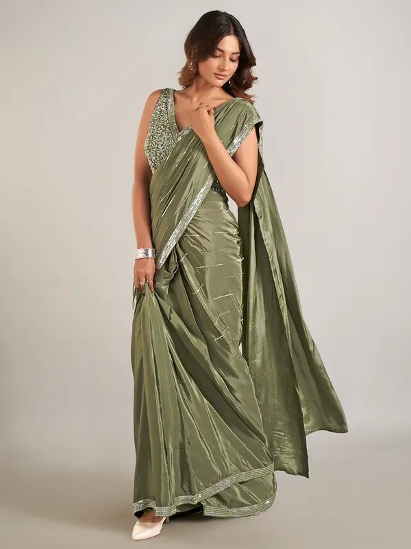 Mehendi green satin silk party wear saree