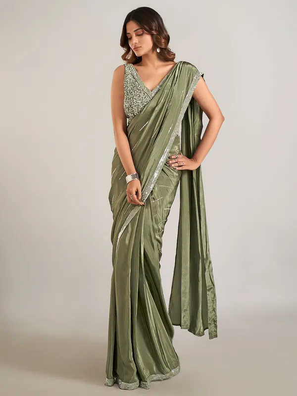Mehendi green satin silk party wear saree