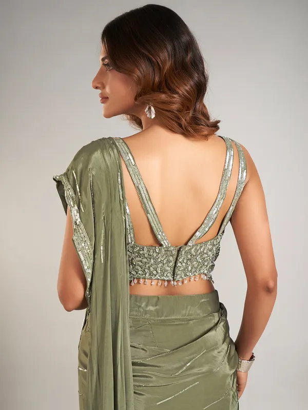 Mehendi green satin silk party wear saree
