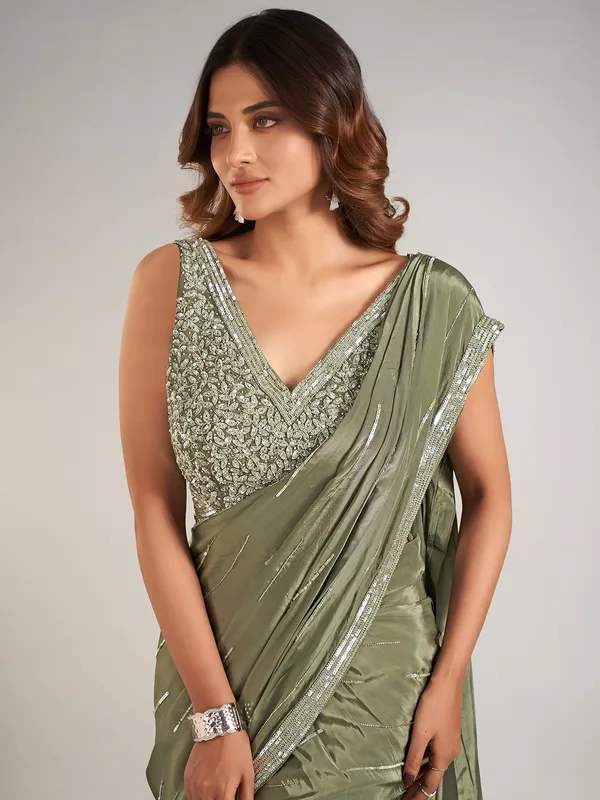 Mehendi green satin silk party wear saree