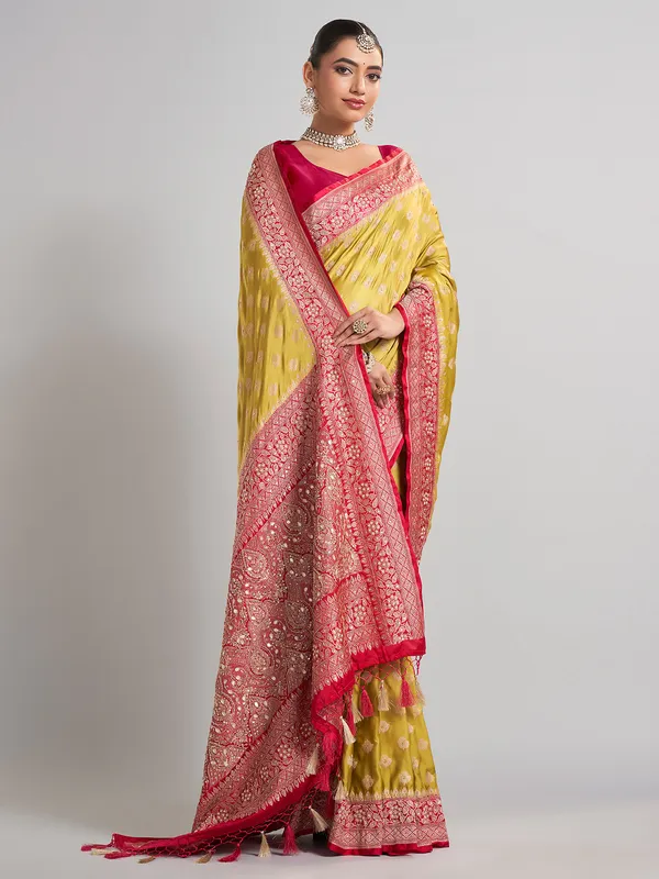Mehendi green satin silk saree with intricate wedding wear