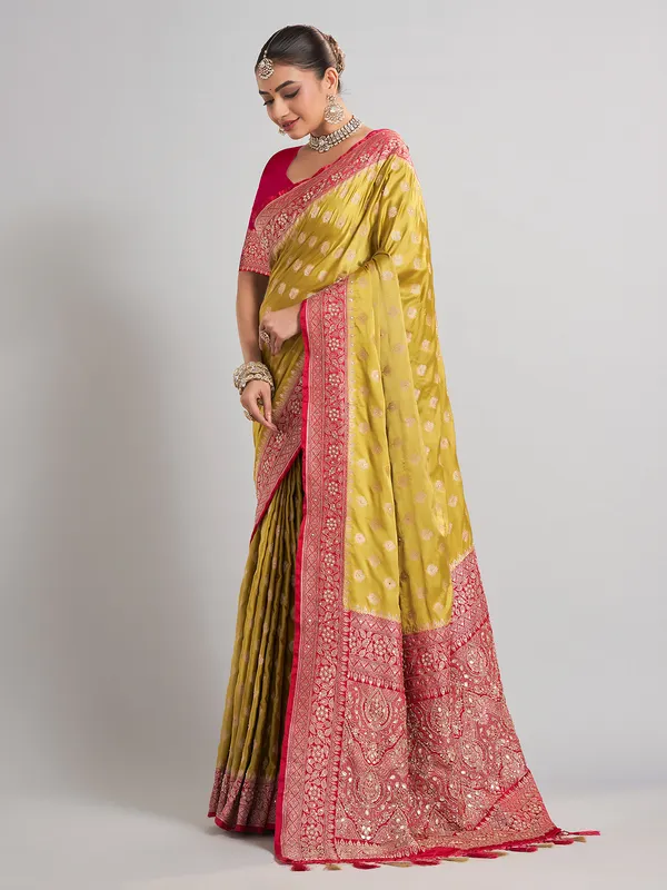 Mehendi green satin silk saree with intricate wedding wear