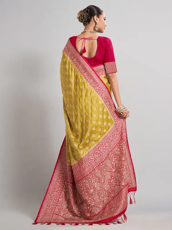 Mehendi green satin silk saree with intricate wedding wear