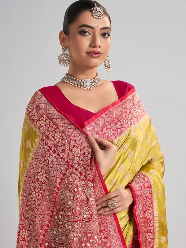 Mehendi green satin silk saree with intricate wedding wear
