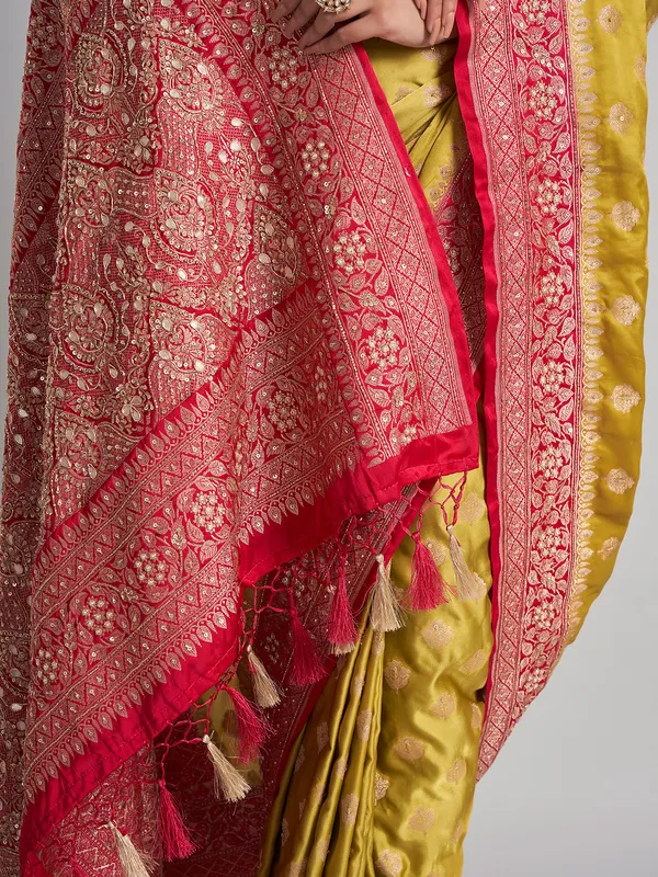 Mehendi green satin silk saree with intricate wedding wear