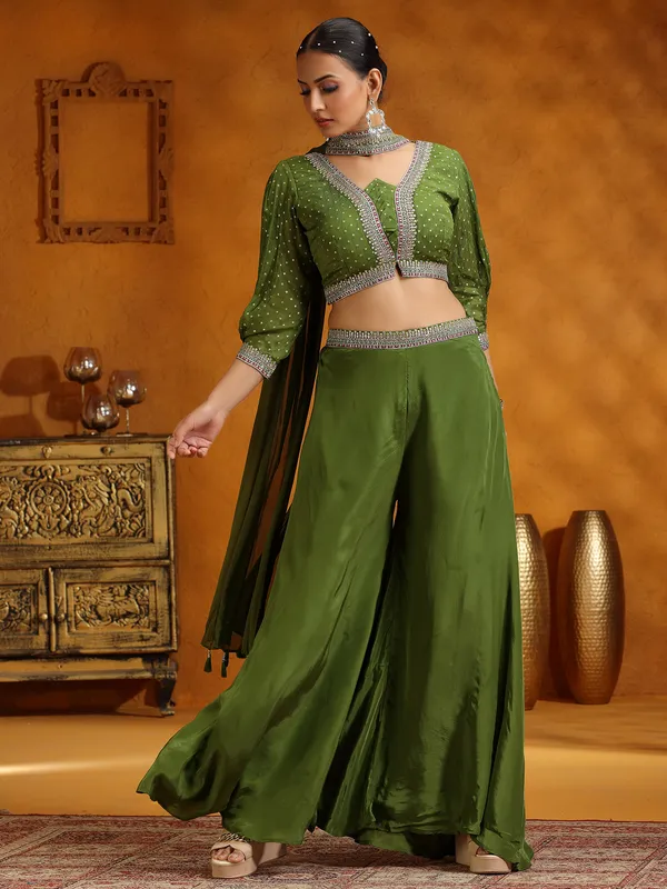 Mehendi green satin silk wedding wear palazzo suit