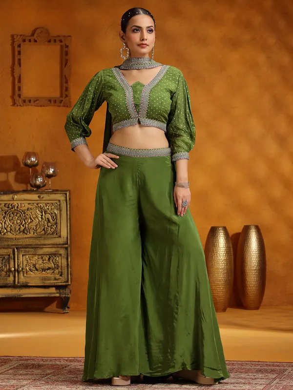 Mehendi green satin silk wedding wear palazzo suit