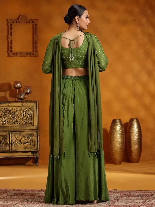 Mehendi green satin silk wedding wear palazzo suit