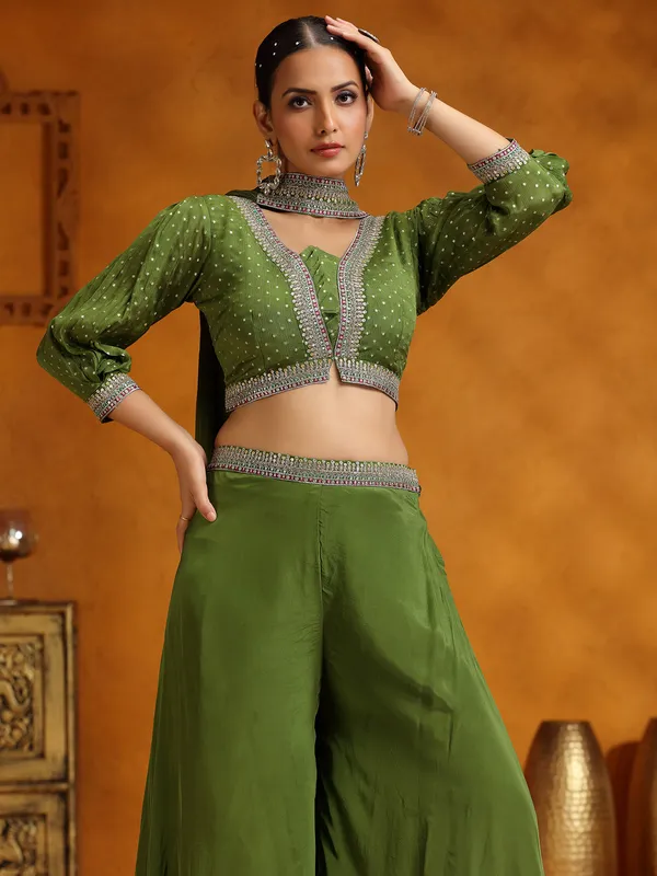 Mehendi green satin silk wedding wear palazzo suit