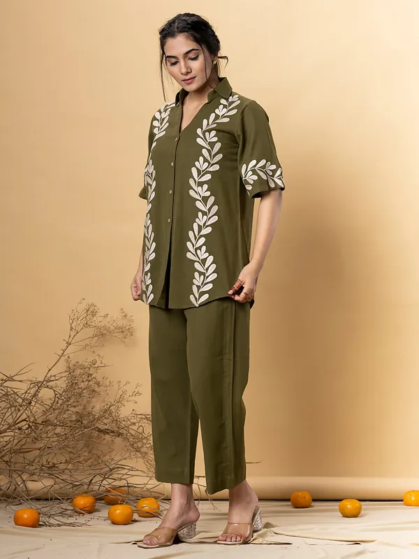 Mehendi green silk co-ord set for women
