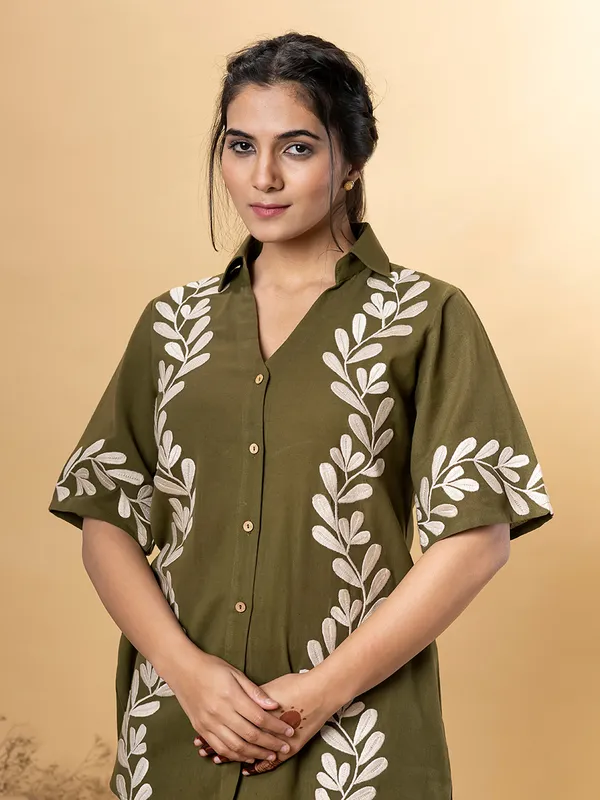Mehendi green silk co-ord set for women