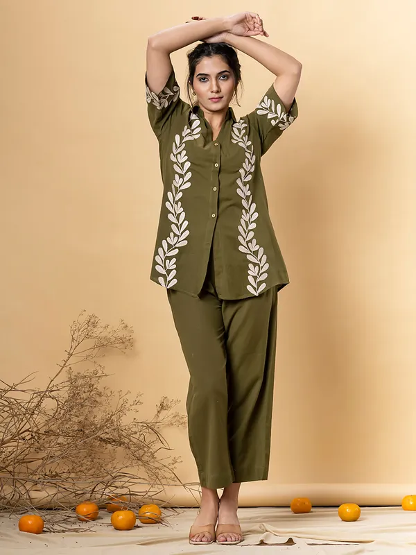 Mehendi green silk co-ord set for women