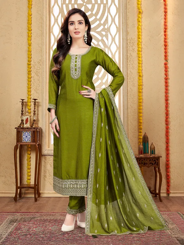Mehendi green silk embellished salwar suit