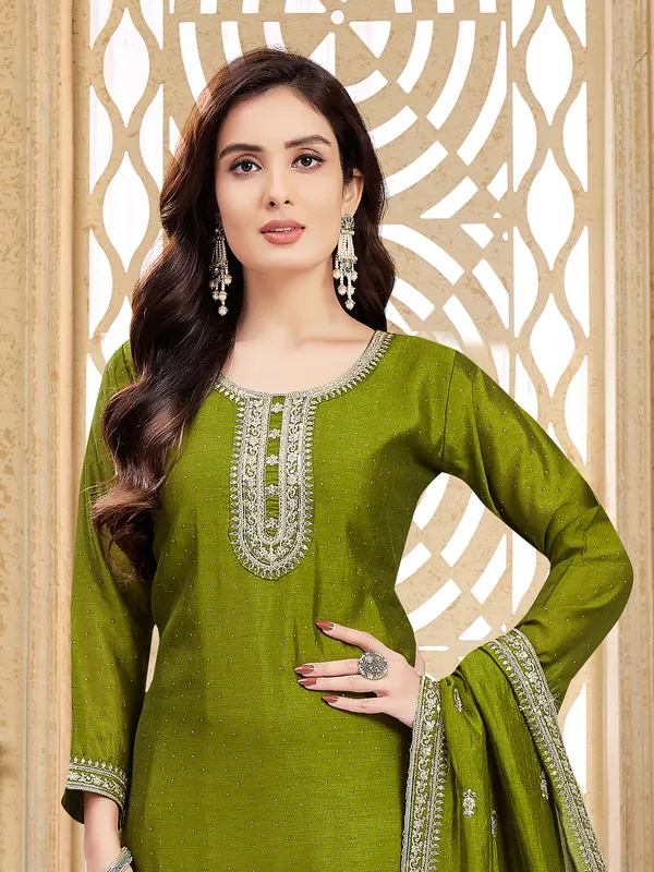 Mehendi green silk embellished salwar suit