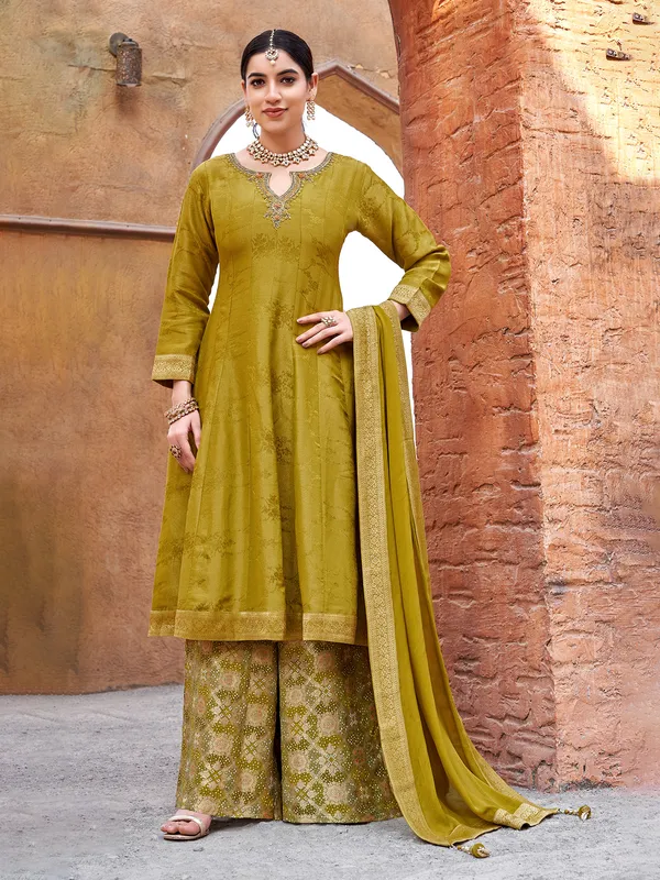 Mehendi green silk pakistani palazzo suit with dupatta