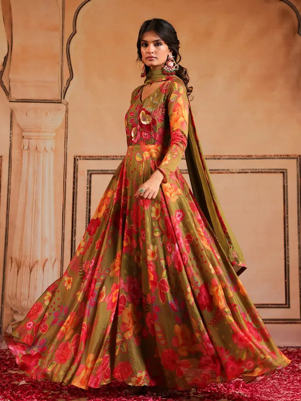 Mehendi green silk printed anarkali suit