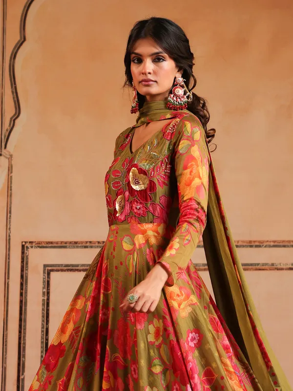 Mehendi green silk printed anarkali suit