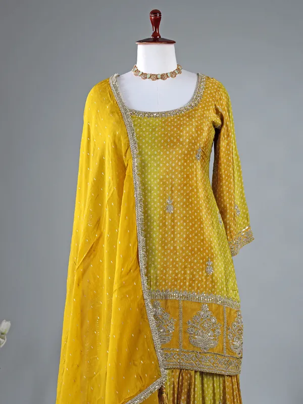 Mehendi green silk printed sharara suit