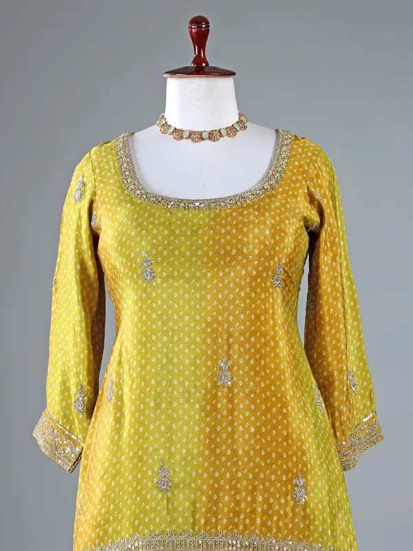 Mehendi green silk printed sharara suit