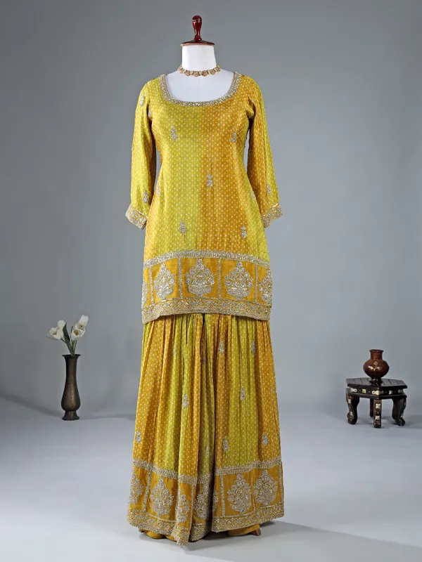Mehendi green silk printed sharara suit