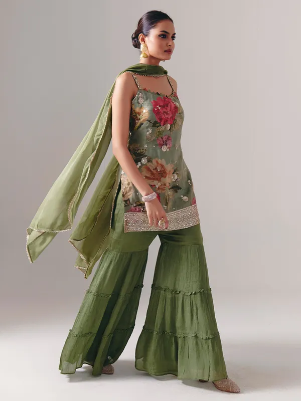 Mehendi green silk sharara suit with dupatta