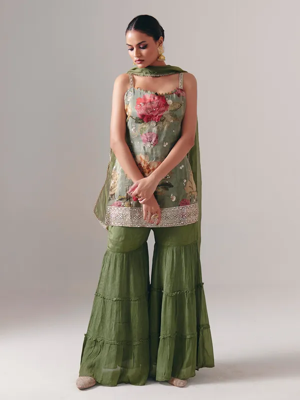 Mehendi green silk sharara suit with dupatta