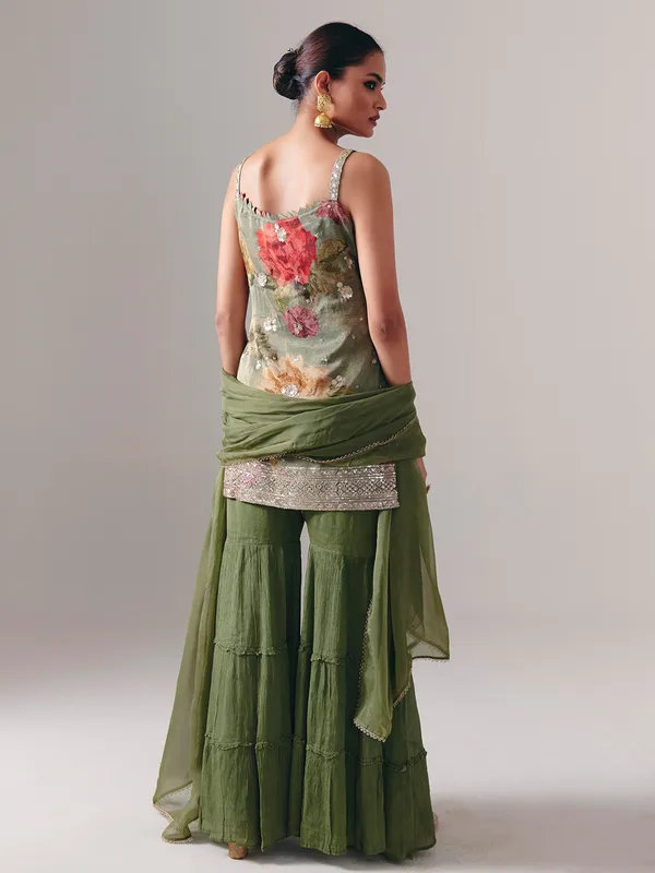 Mehendi green silk sharara suit with dupatta