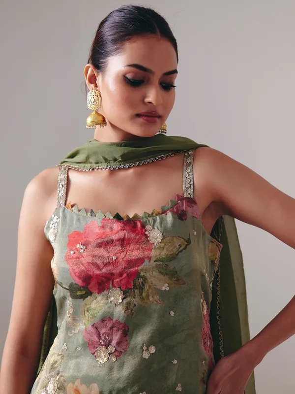 Mehendi green silk sharara suit with dupatta