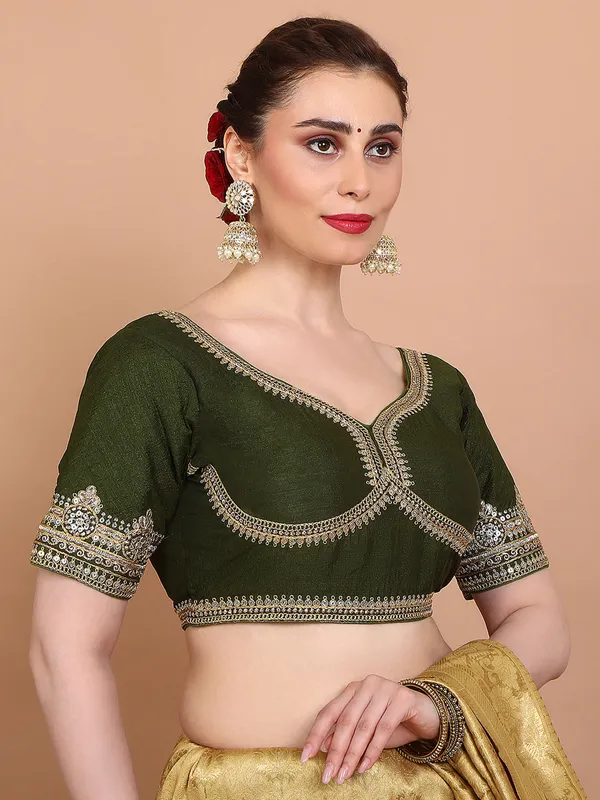 Mehendi green silk sweetheart neck ready made blouse