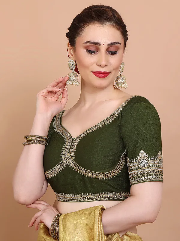Mehendi green silk sweetheart neck ready made blouse