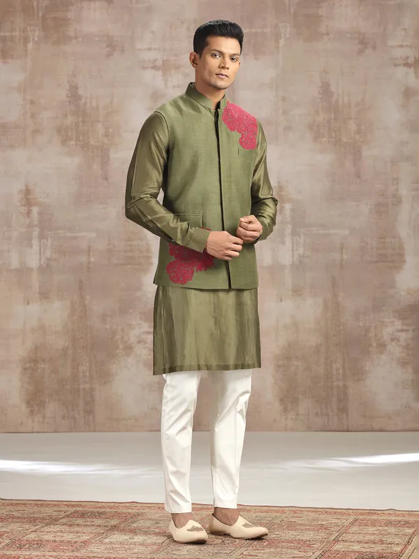 Mehendi green silk waistcoat set with thread work