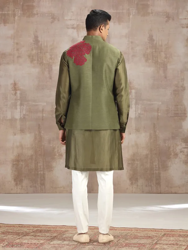 Mehendi green silk waistcoat set with thread work