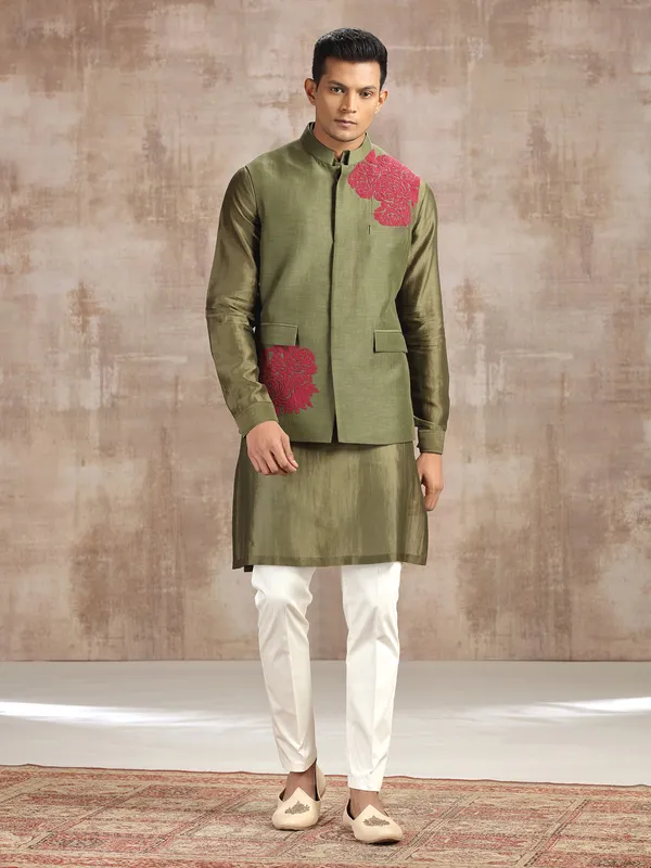 Mehendi green silk waistcoat set with thread work