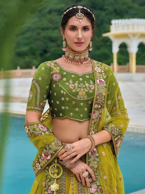 Mehendi green silk wedding style lehenga choli