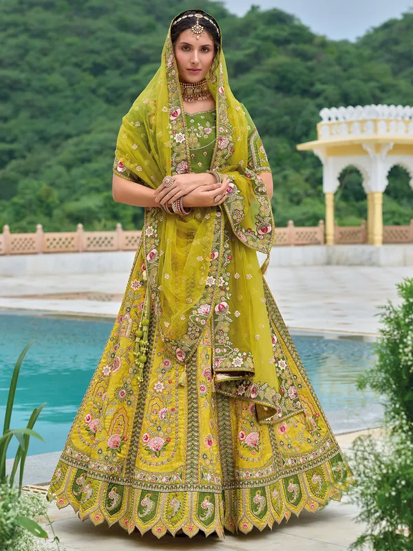 Mehendi green silk wedding style lehenga choli