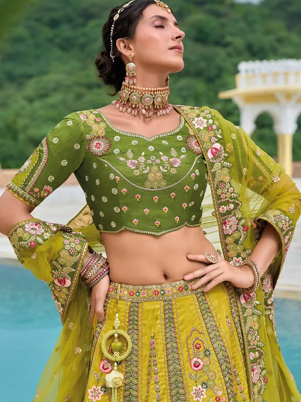 Mehendi green silk wedding style lehenga choli
