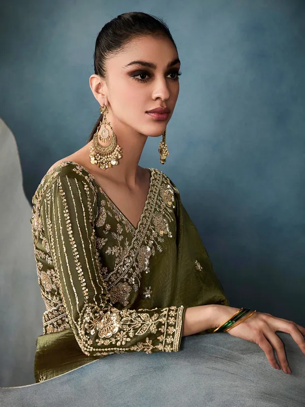Mehendi green tissue silk saree with cutdana work