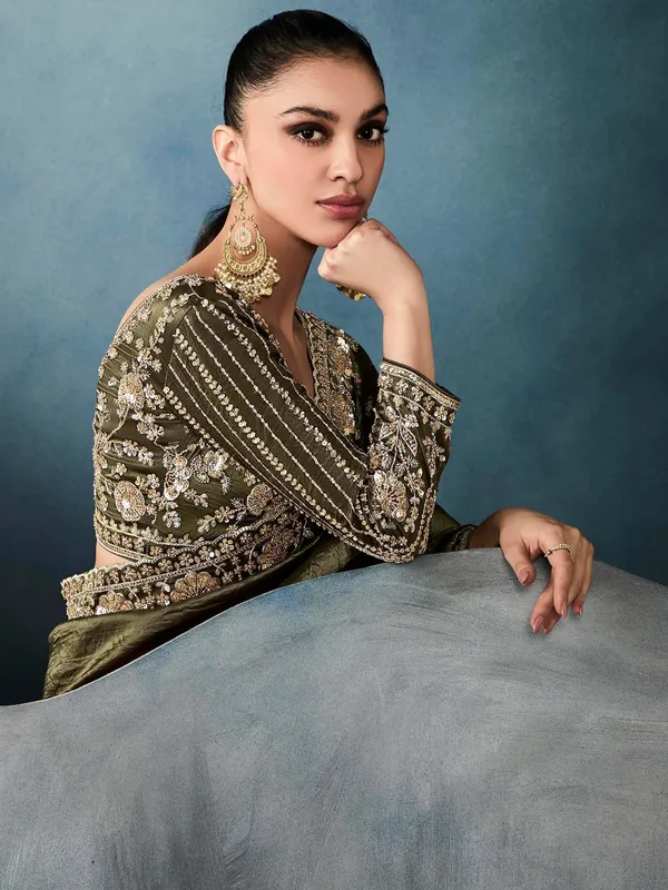 Mehendi green tissue silk saree with cutdana work