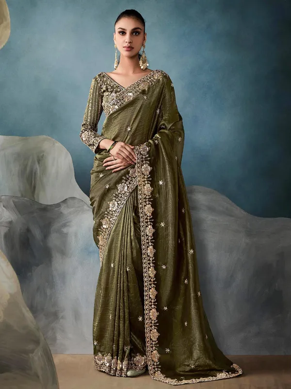 Mehendi green tissue silk saree with cutdana work