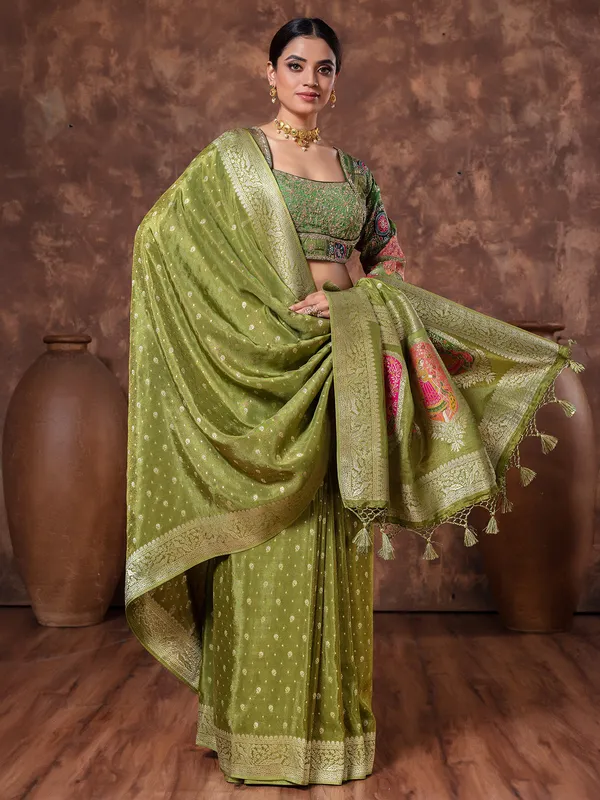Mehendi green wedding wear tissue silk saree
