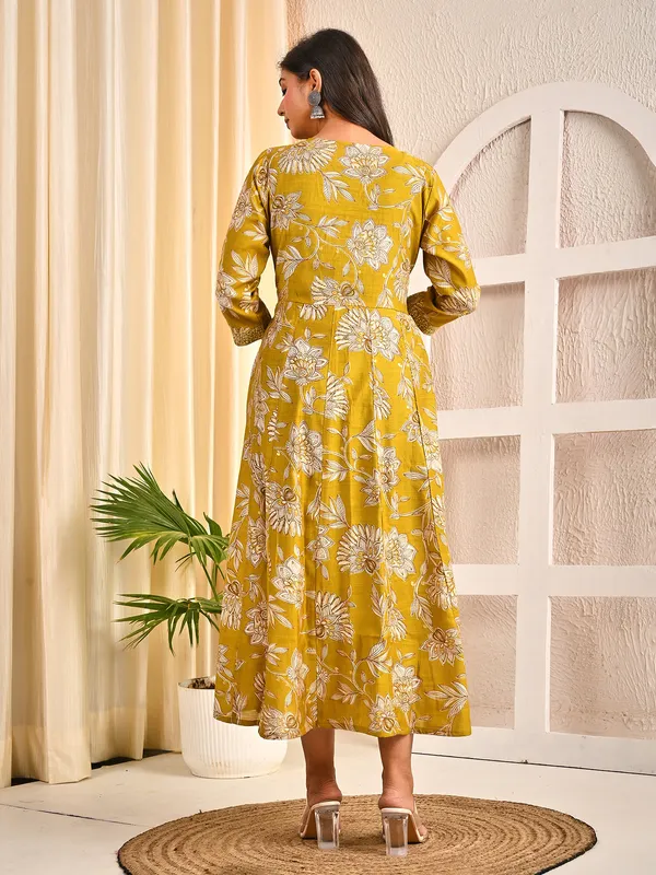 Mehendi olive cotton silk floral printed yoke kurti