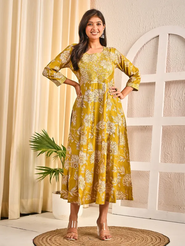 Mehendi olive cotton silk floral printed yoke kurti