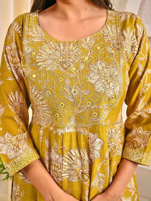 Mehendi olive cotton silk floral printed yoke kurti