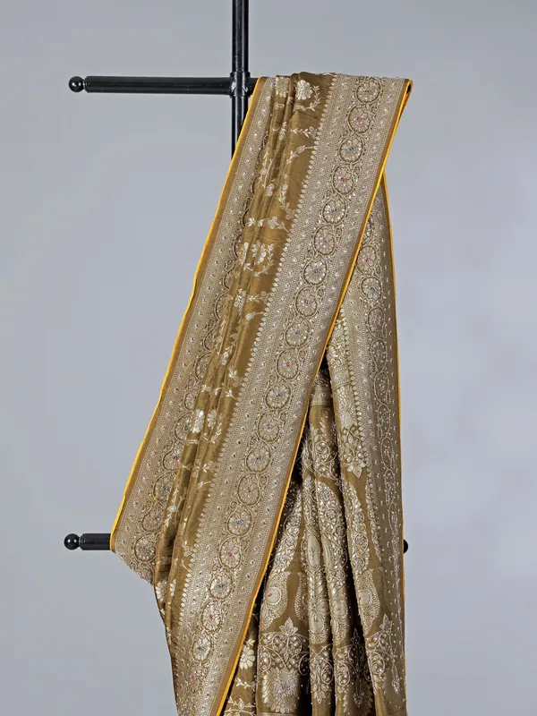 Mehendi olive dola silk saree with zardosi weaving