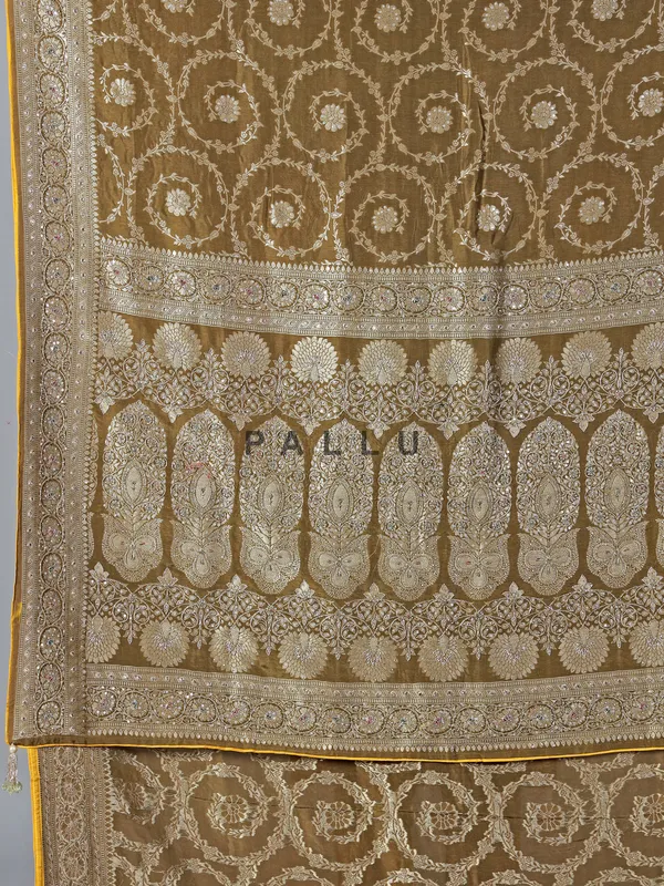 Mehendi olive dola silk saree with zardosi weaving