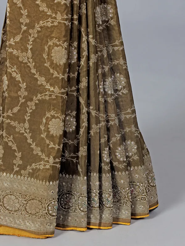 Mehendi olive dola silk saree with zardosi weaving